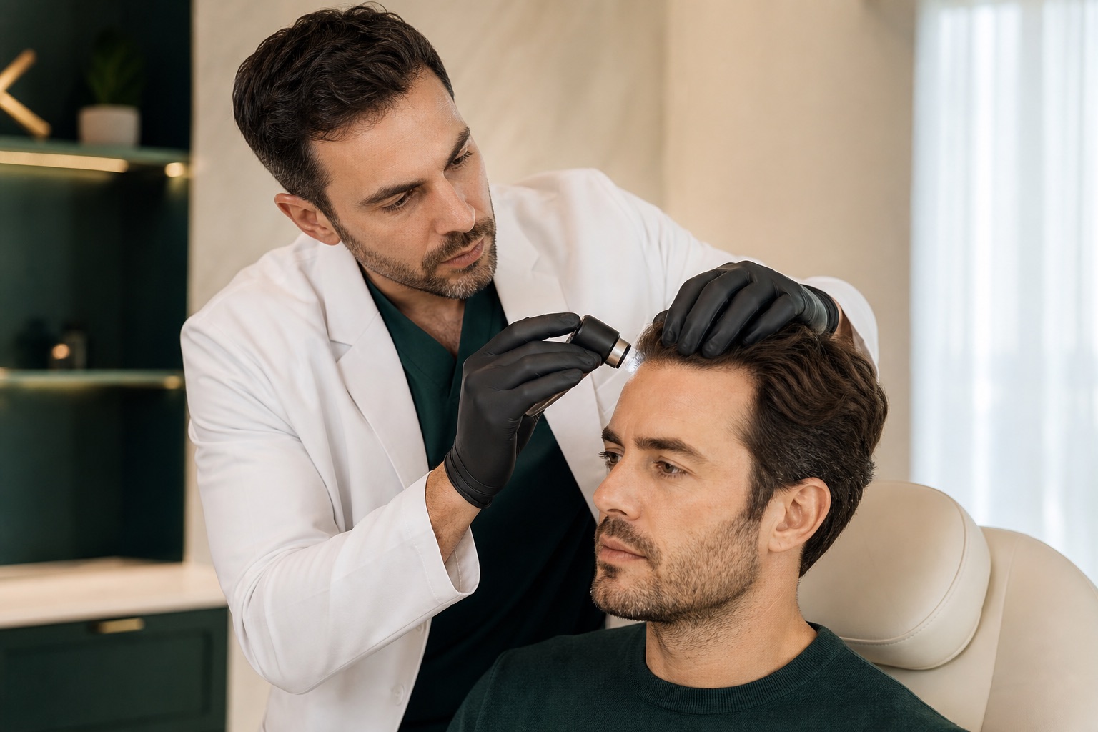 Provider examining a patient's hairline during a consultation