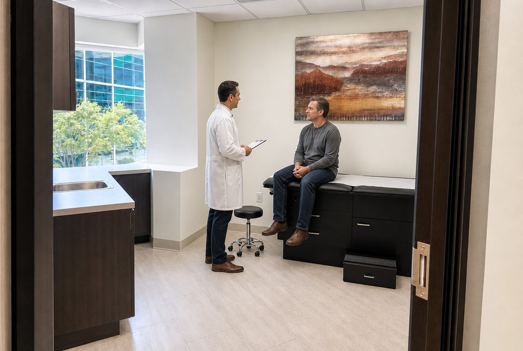 Patient and clinician talking in an exam room