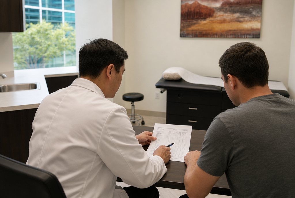 Clinician and patient reviewing a lab panel together at the clinic