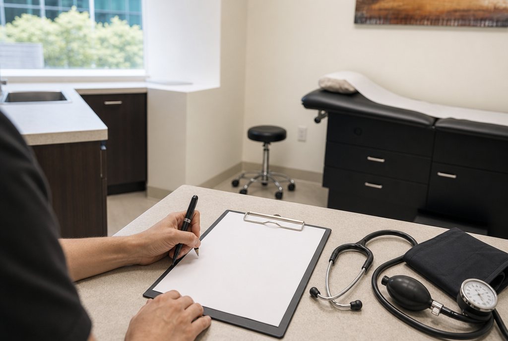 Civil surgeon completing an immigration medical form