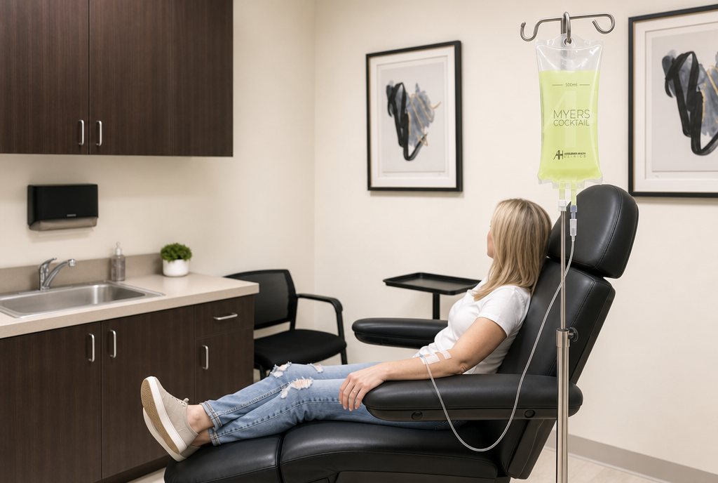 Patient receiving an AH Clinics IV infusion in the treatment chair