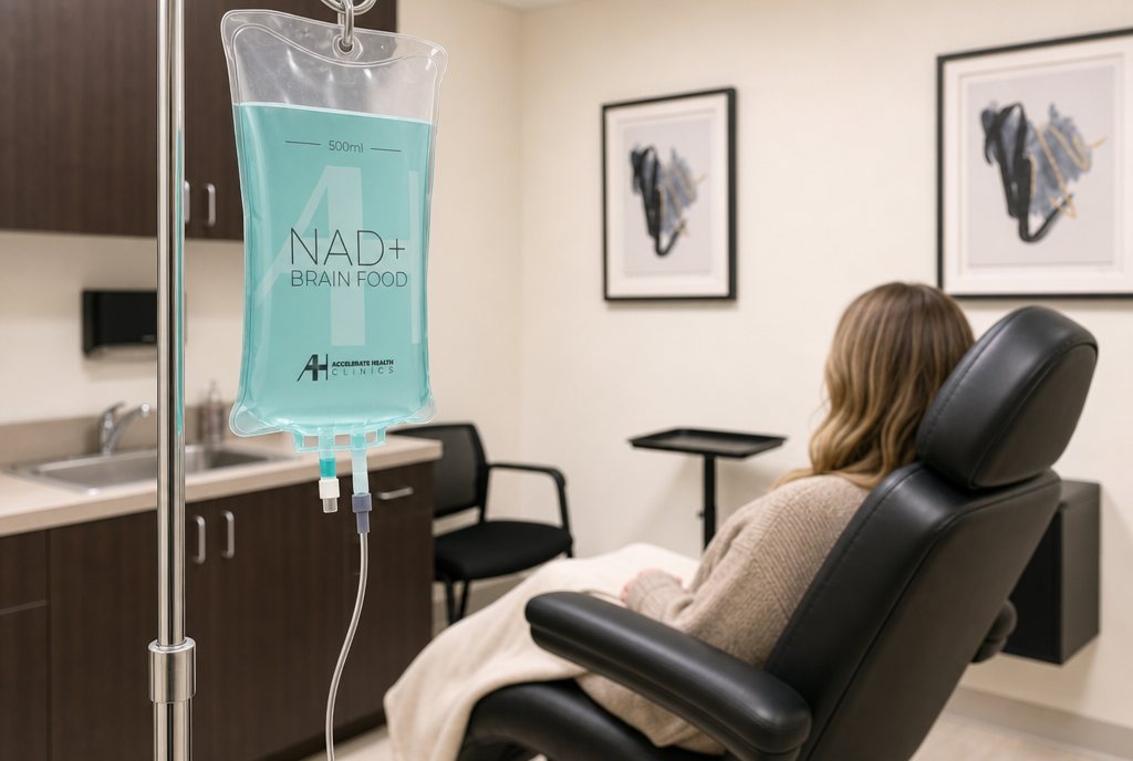 An AH Clinics NAD+ infusion bag on the pole beside the treatment chair