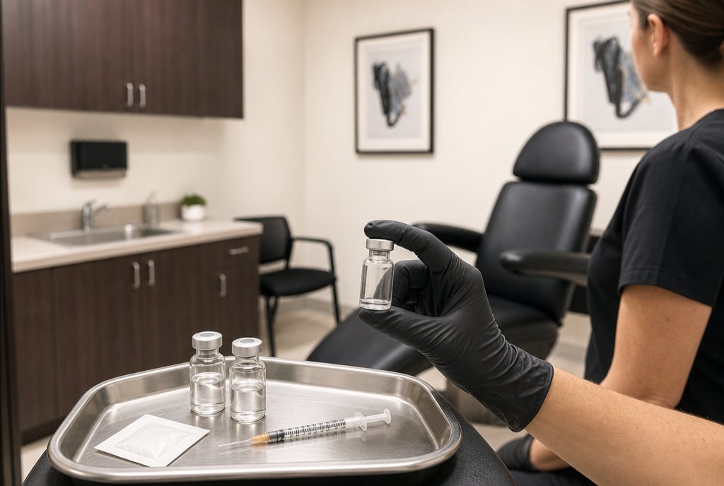 Peptide vials and a syringe prepared on a clinical tray