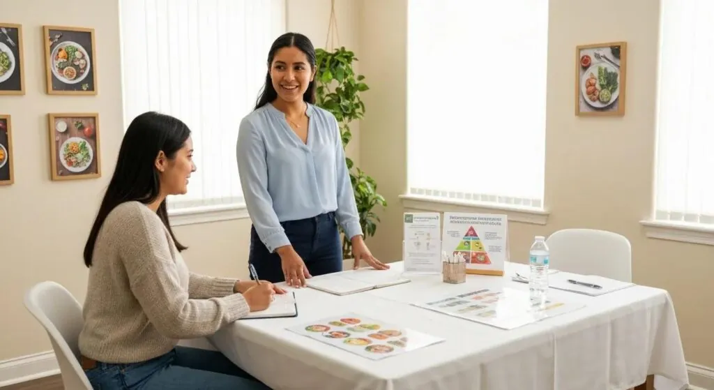 Patient receiving personalized nutrition guidance from a dietitian in a supportive consultation room