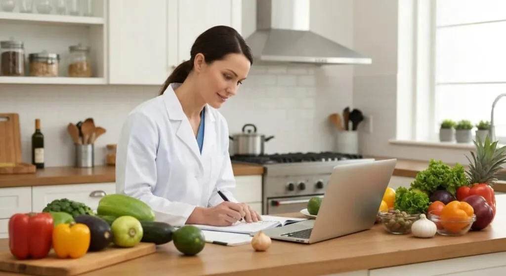 A registered dietitian meticulously crafting a personalized meal plan using fresh, healthy ingredients for a patient