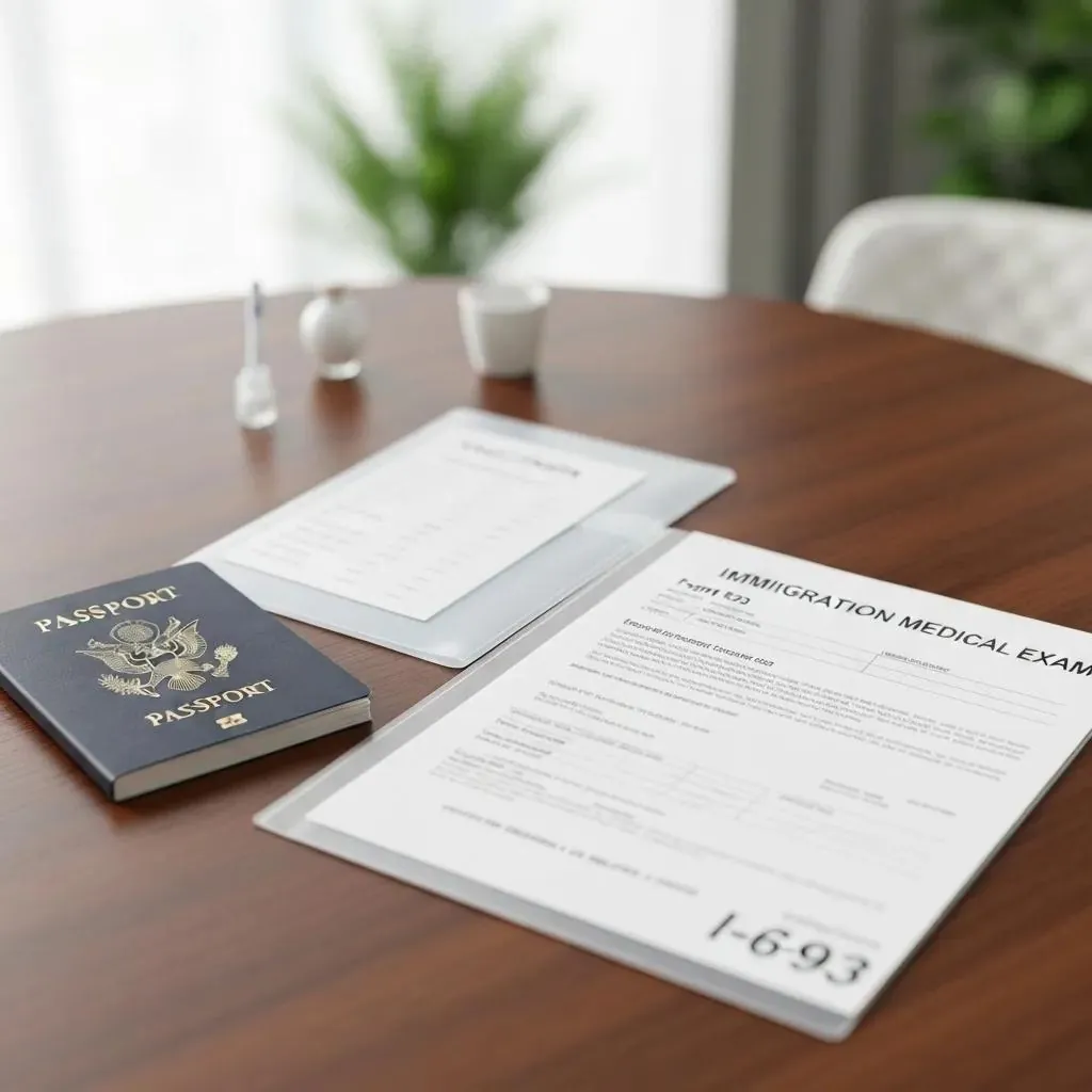 Essential documents for immigration medical exam preparation, including a passport and vaccination records, laid out neatly
