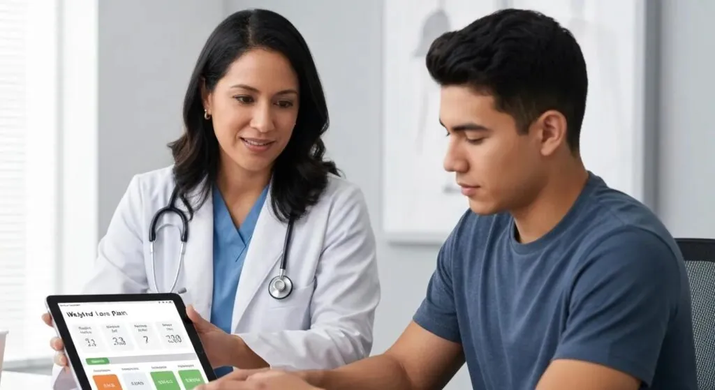Clinician and patient discussing a personalized weight loss plan using a digital tablet