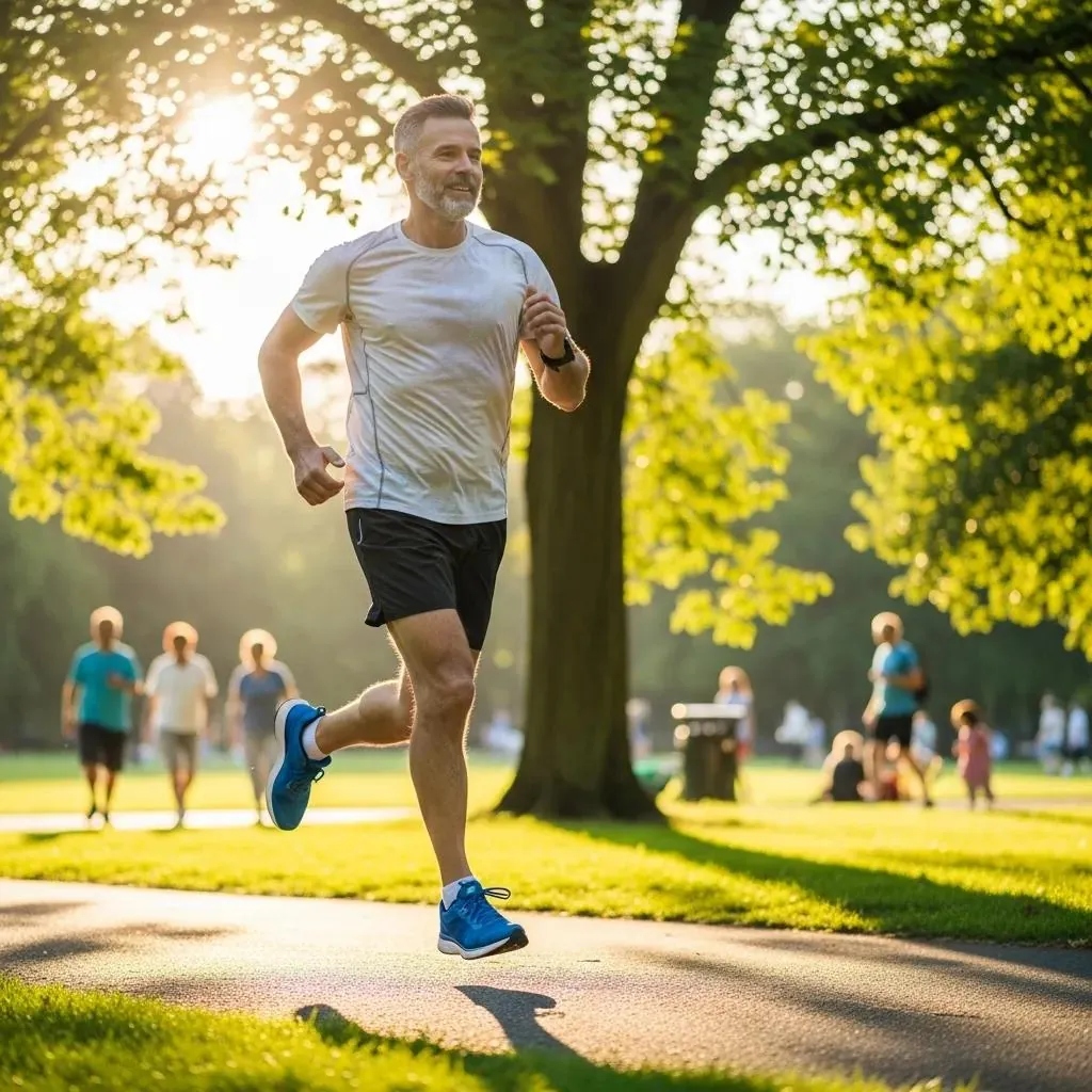 Active middle-aged man jogging in a park, representing testosterone therapy benefits