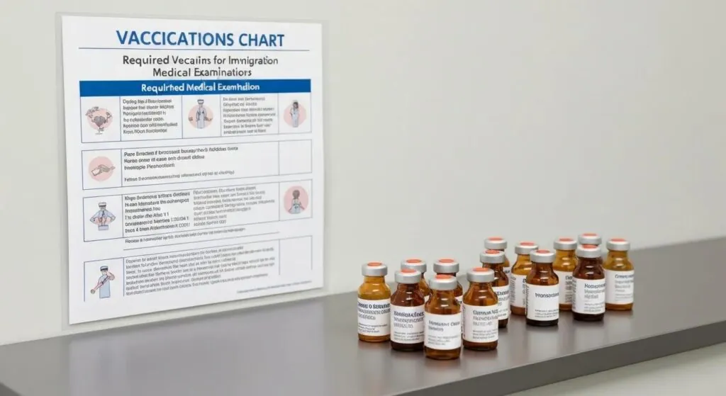 Vaccination chart and vials in a clinical setting, highlighting required vaccinations for immigration medical exams
