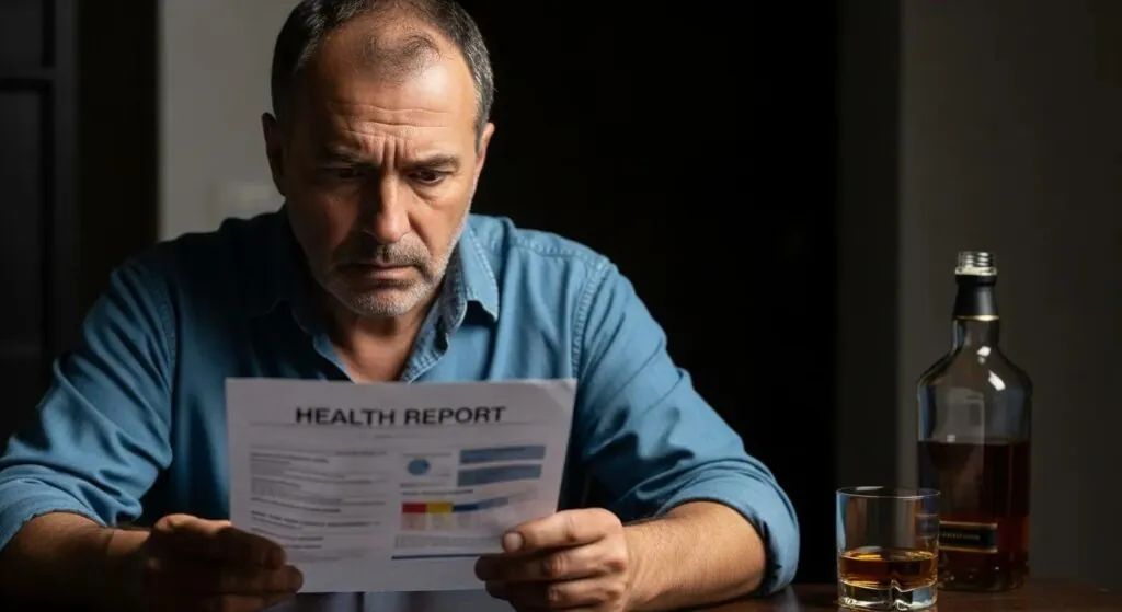 Concerned man reviewing health report with alcohol in the background, representing the risks of low testosterone