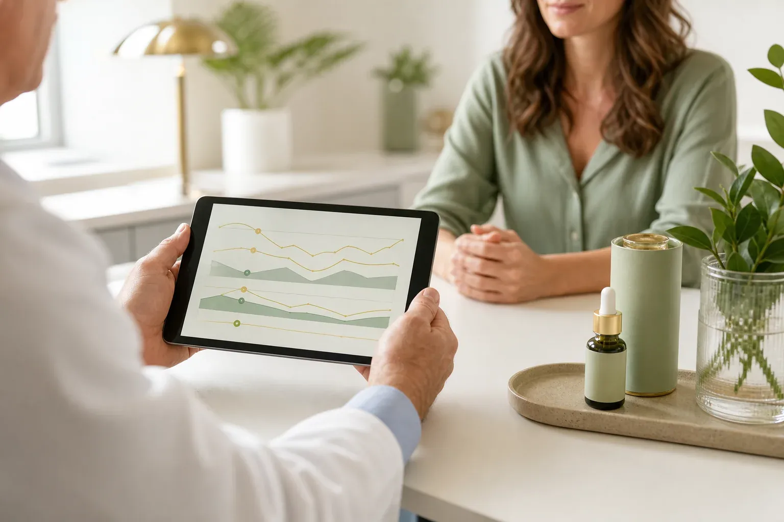 Physician reviewing bioidentical hormone lab results with a female patient in a San Diego clinic