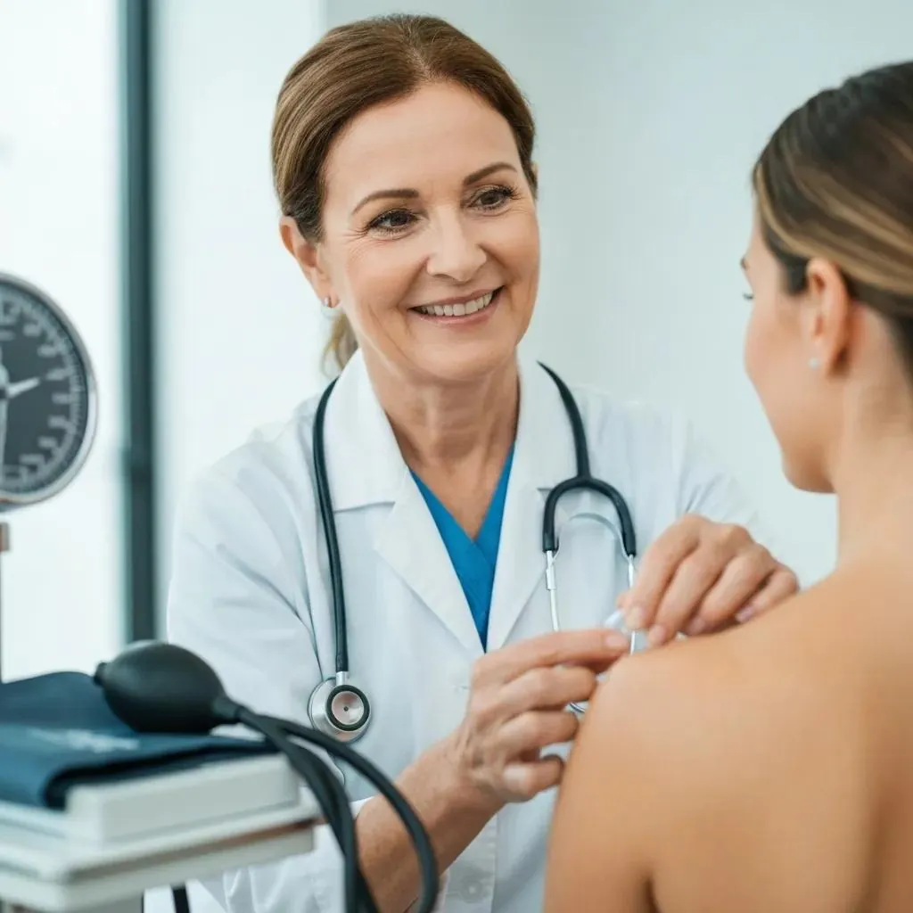 A healthcare professional administering a vaccine in a clinical setting, part of the immigration medical exam process