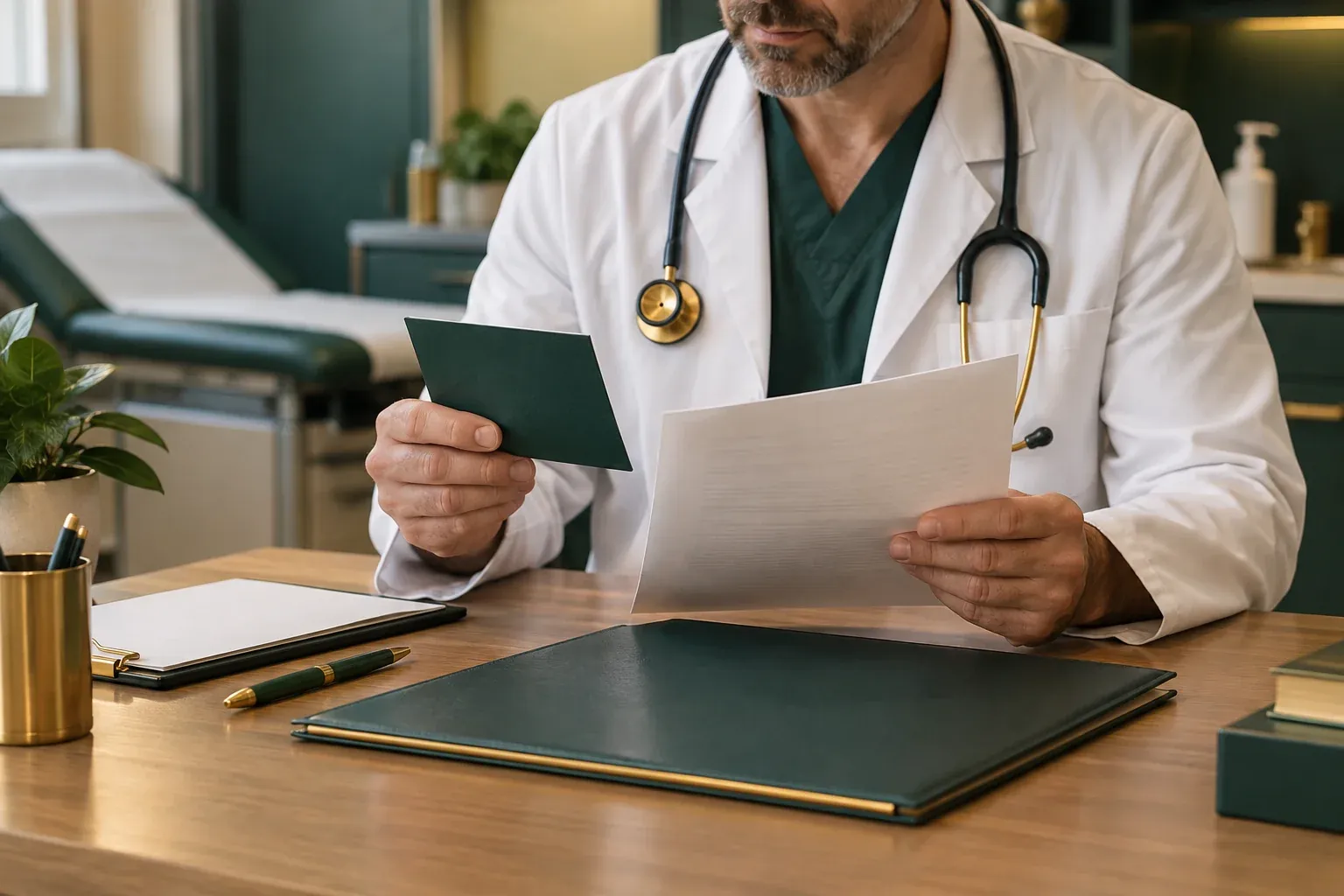 Civil surgeon reviewing a patient's vaccination record during an immigration medical exam consultation
