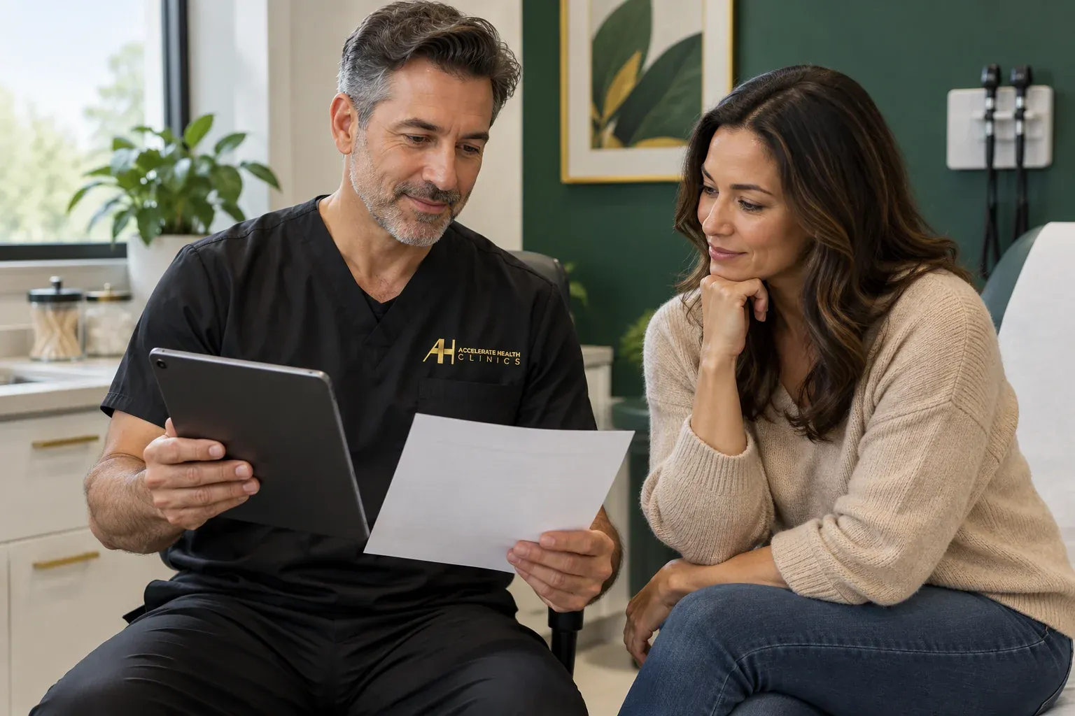 Doctor reviewing lab results and a health history chart with a patient in a bright San Diego clinic
