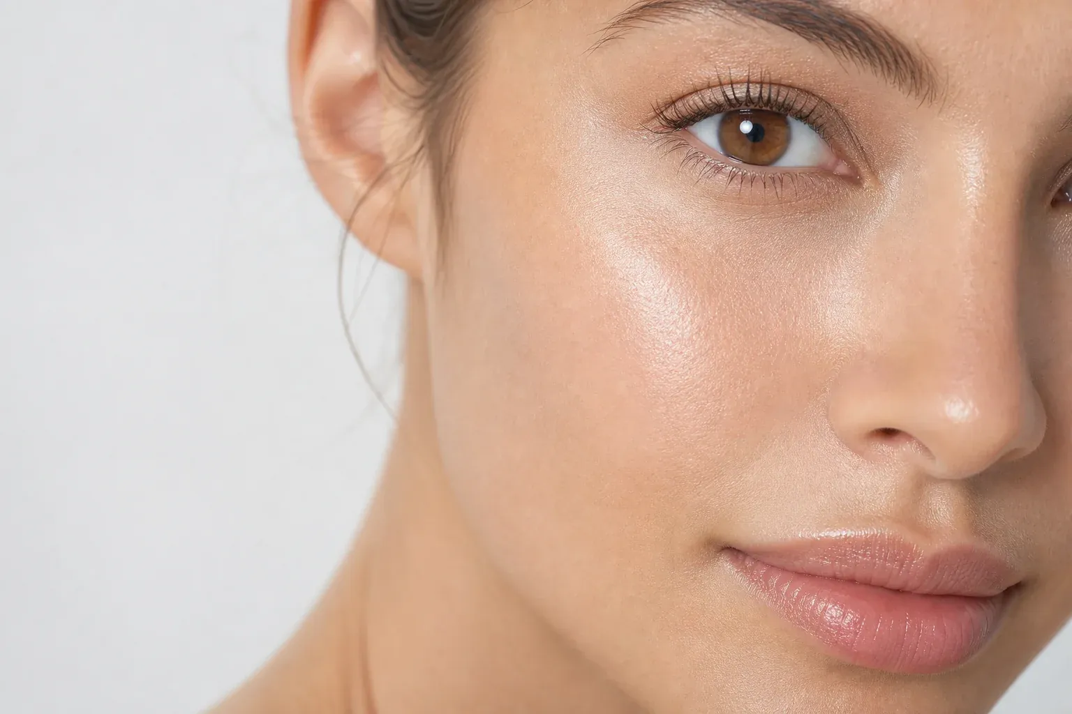 Close-up of a woman's glowing, rejuvenated skin in a clean modern medical aesthetic clinic, soft diffused lighting highlighting healthy skin texture and luminosity