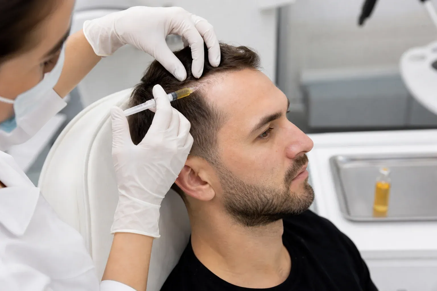 Close-up of a PRP hair restoration treatment being administered in a modern clinical setting