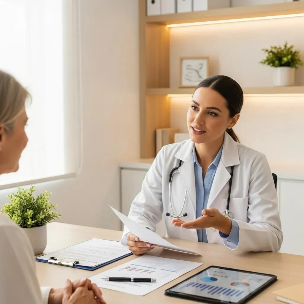 Healthcare professional discussing hormone replacement therapy with a patient in a modern clinic