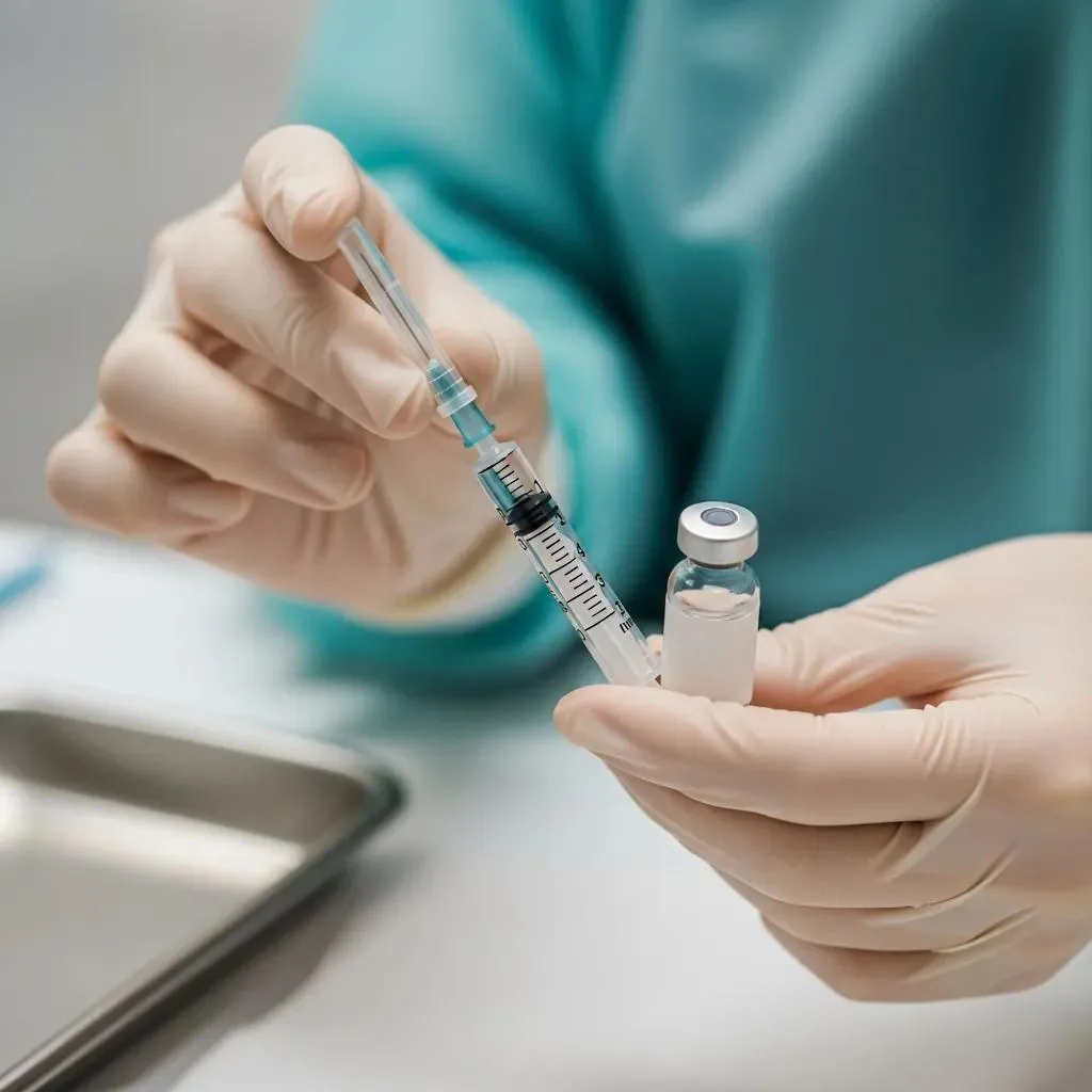 Healthcare professional preparing hormone therapy injection in a clinical setting