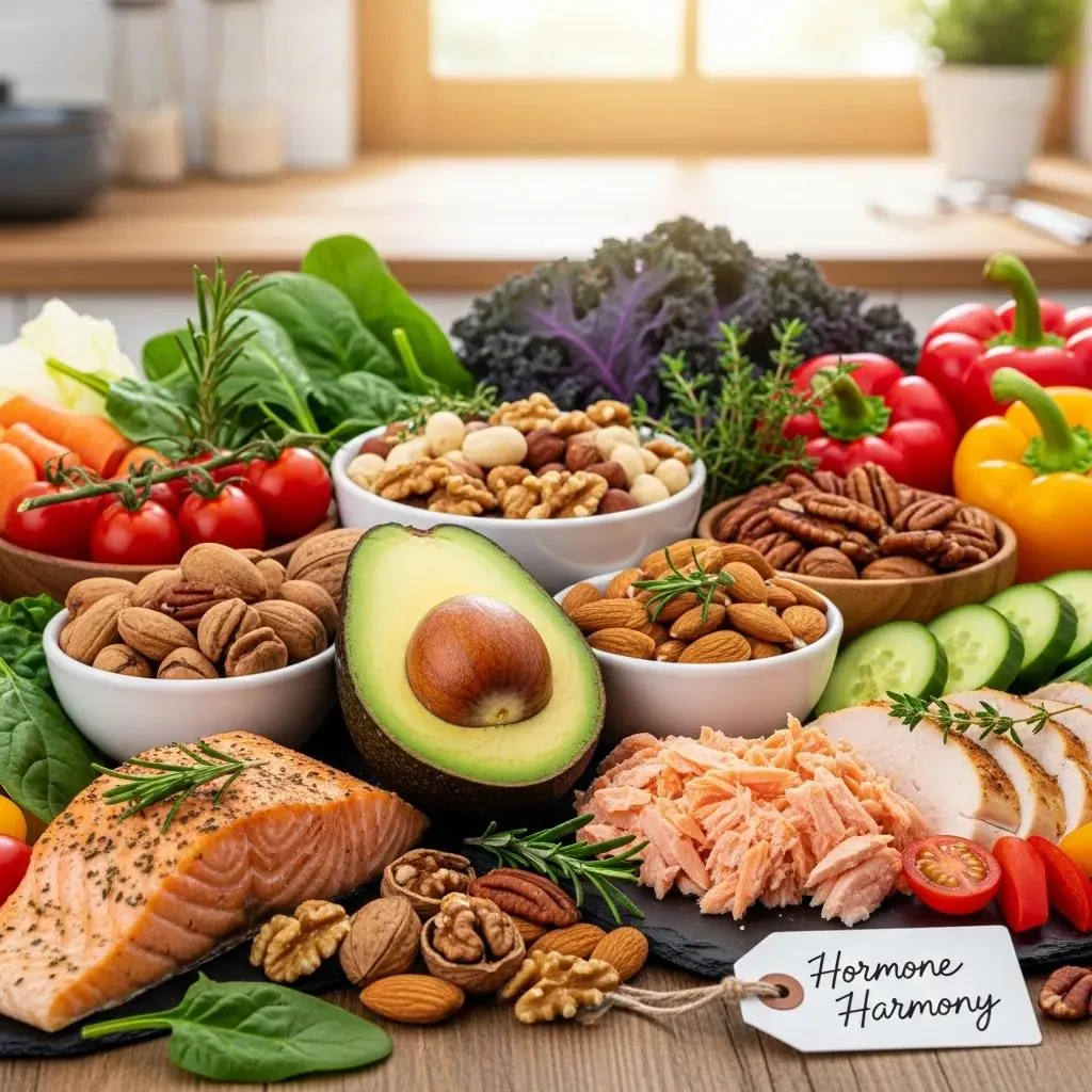 Healthy foods arranged on a table, illustrating the role of nutrition in hormone health and anti-aging