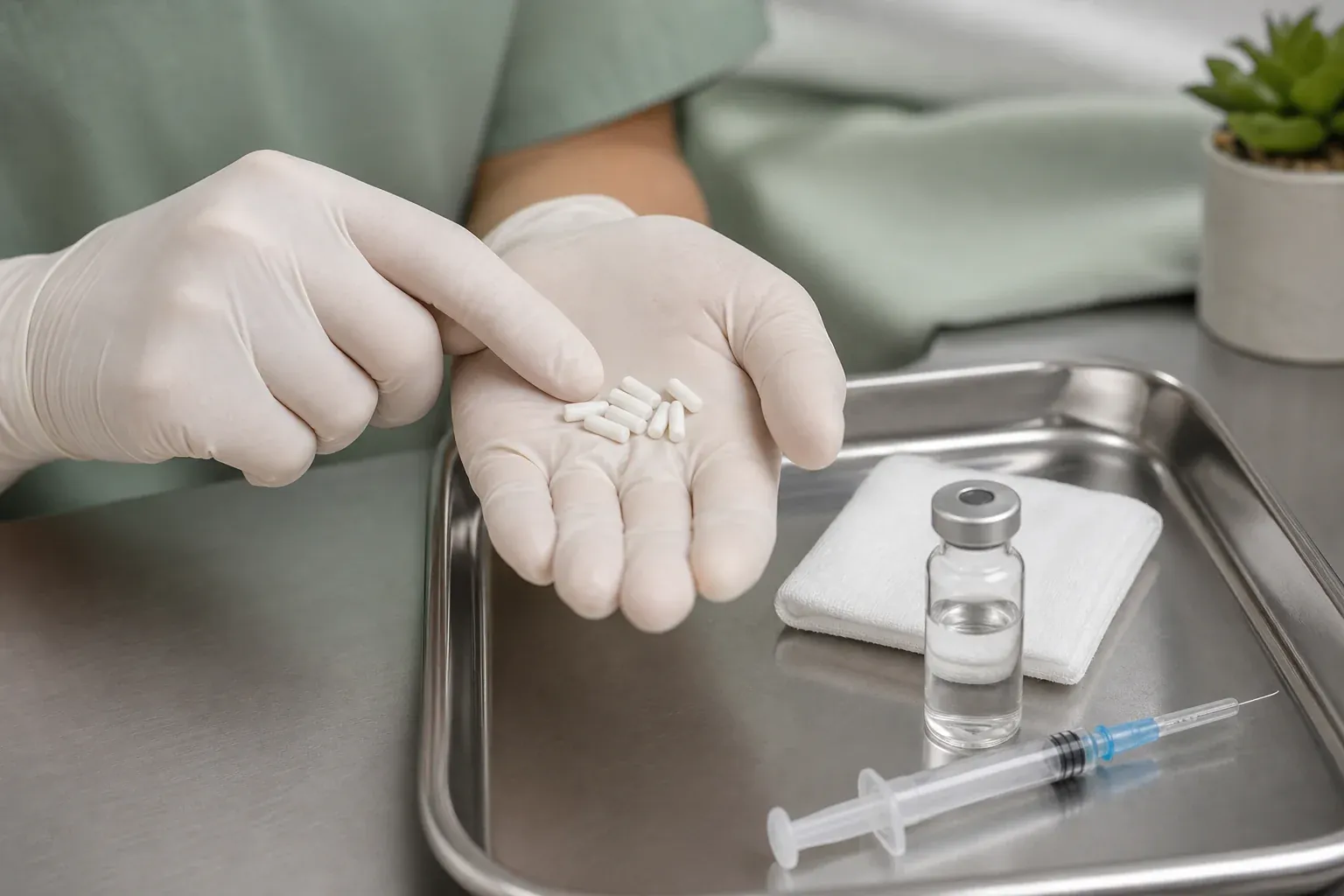 Close-up of hormone therapy pellets and a syringe arranged on a clinical tray