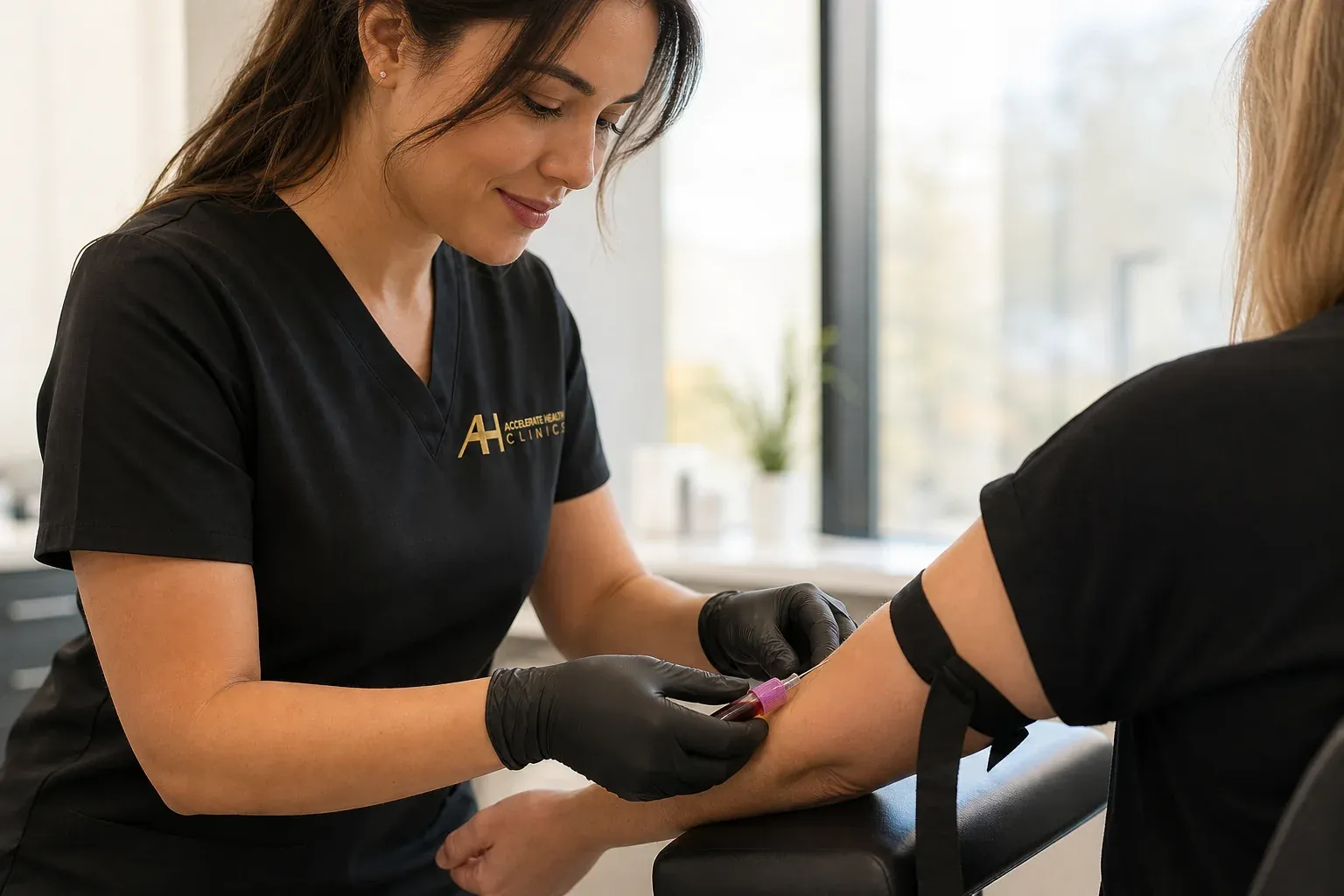 Lab technician drawing a morning blood sample from a patient's arm for a testosterone test