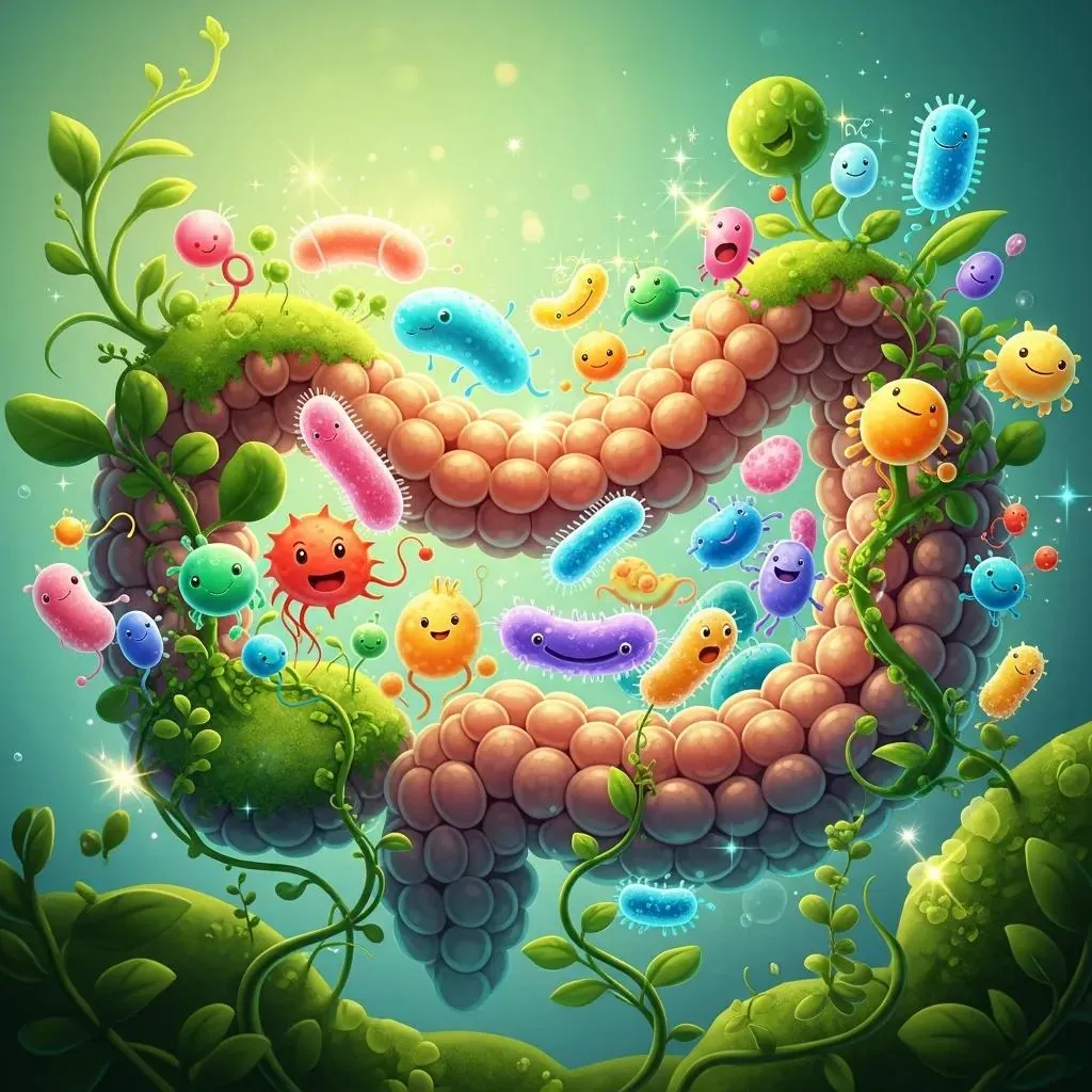 Illustration of a healthy gut microbiome promoting healing and immune balance