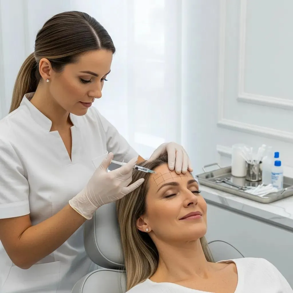 Patient receiving Botox treatment from an aesthetician in a modern clinic