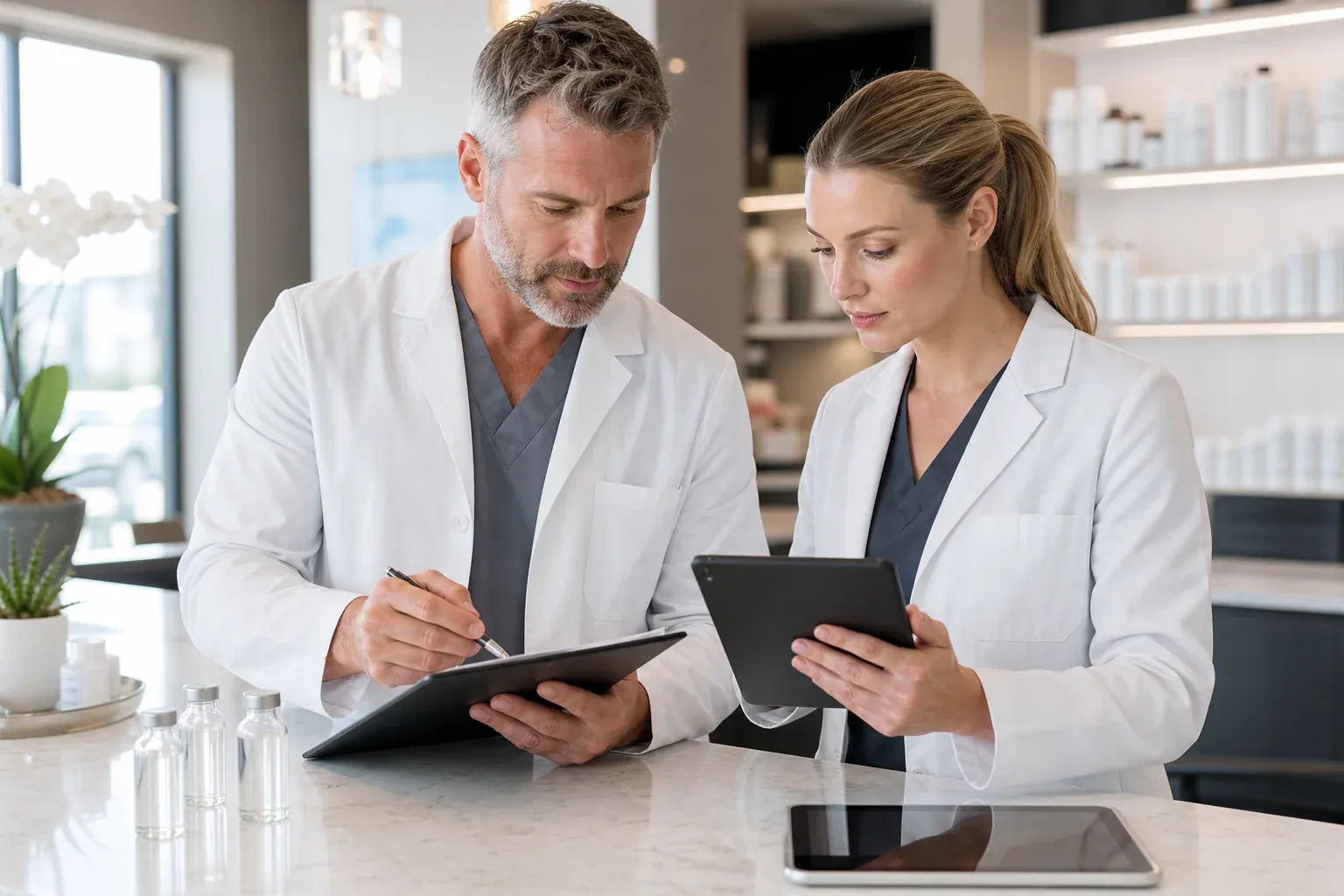 Physician and pharmacist reviewing compliant peptide sourcing and prescription documentation in a clinic