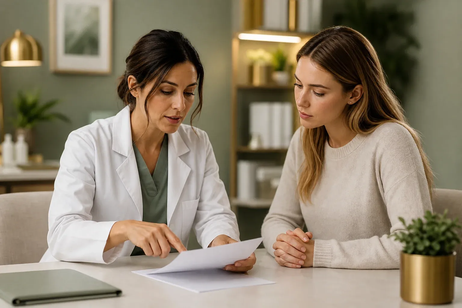 A medical provider reviewing printed lab results with a patient during a peptide therapy consultation
