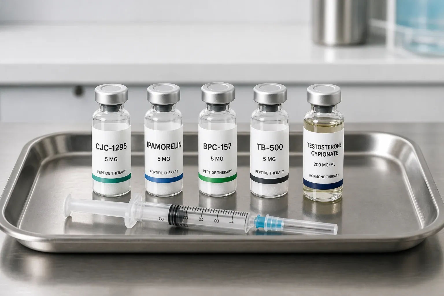 Close-up of labeled peptide therapy vials next to a hormone therapy vial on a clinical tray
