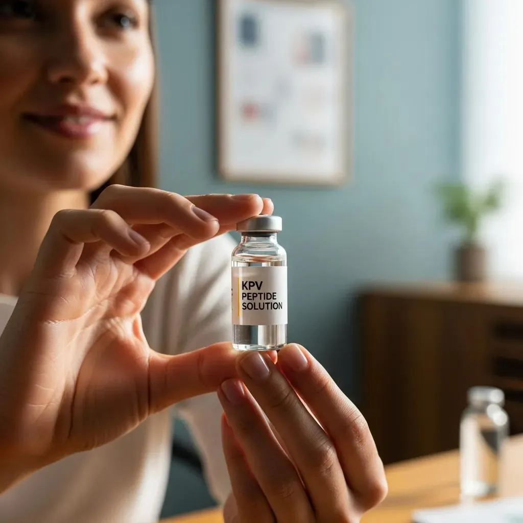 Person holding KPV peptide vial in a clinical setting, representing therapy benefits