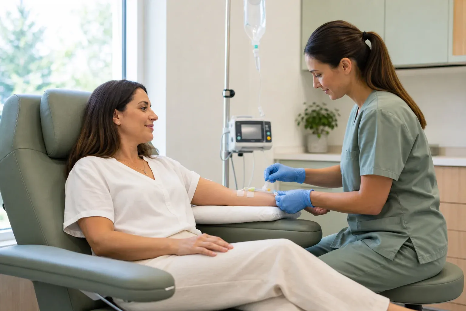 A licensed medical professional in branded scrubs administering IV therapy to a relaxed patient reclining in a clinical chair inside a bright, modern medical suite, soft natural light, neutral palette of white and sage green, no text overlays