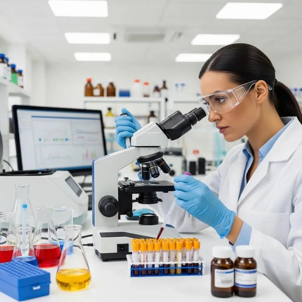 Scientist analyzing blood samples in a laboratory for testosterone research