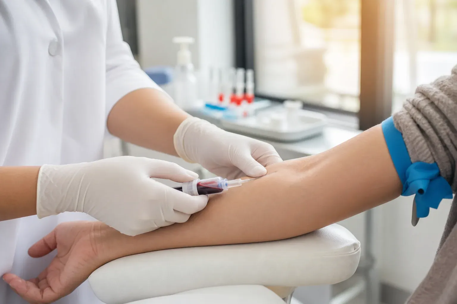 A clinician in a modern medical aesthetics clinic reviewing comprehensive hormone lab results on a digital tablet, with labeled blood collection vials arranged on a clean white medical counter and soft clinical lighting in the background