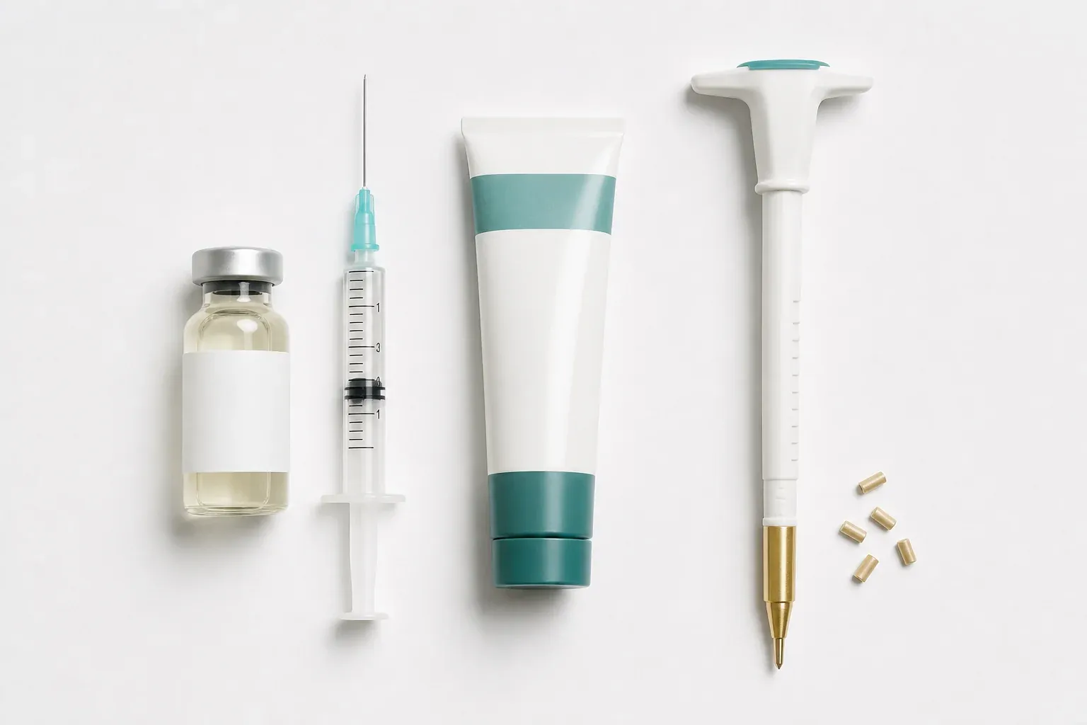 Overhead view of a testosterone injection vial, gel tube, and pellet insertion kit arranged together for comparison