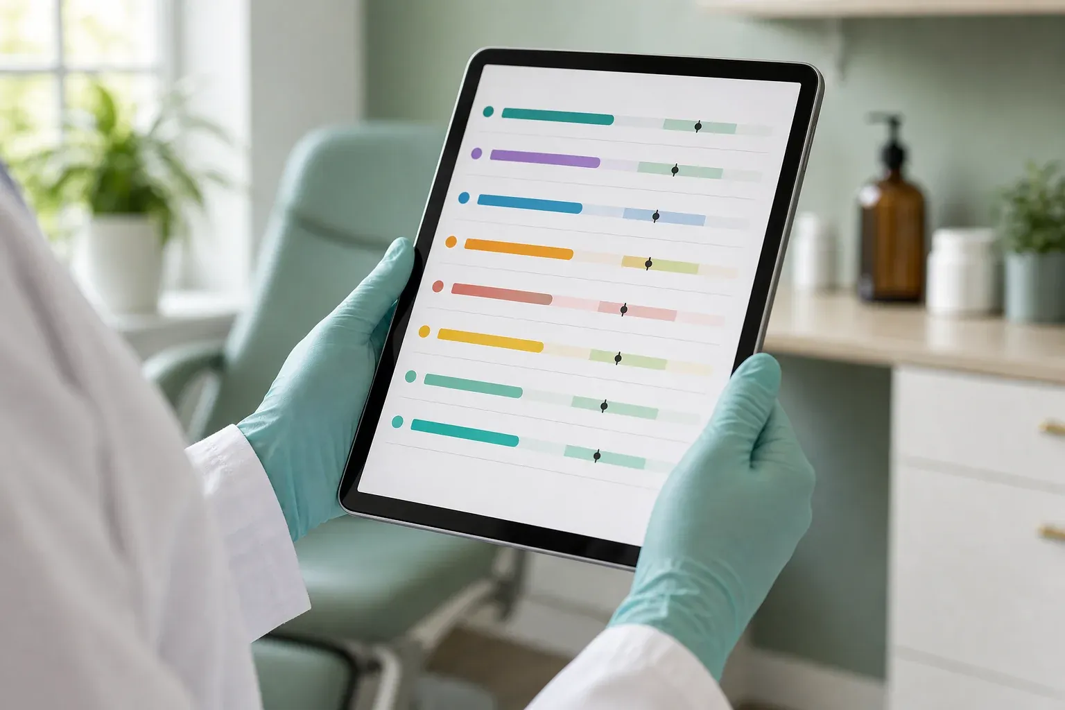 A clinician reviewing testosterone, LH, FSH, and estradiol lab results on a computer screen