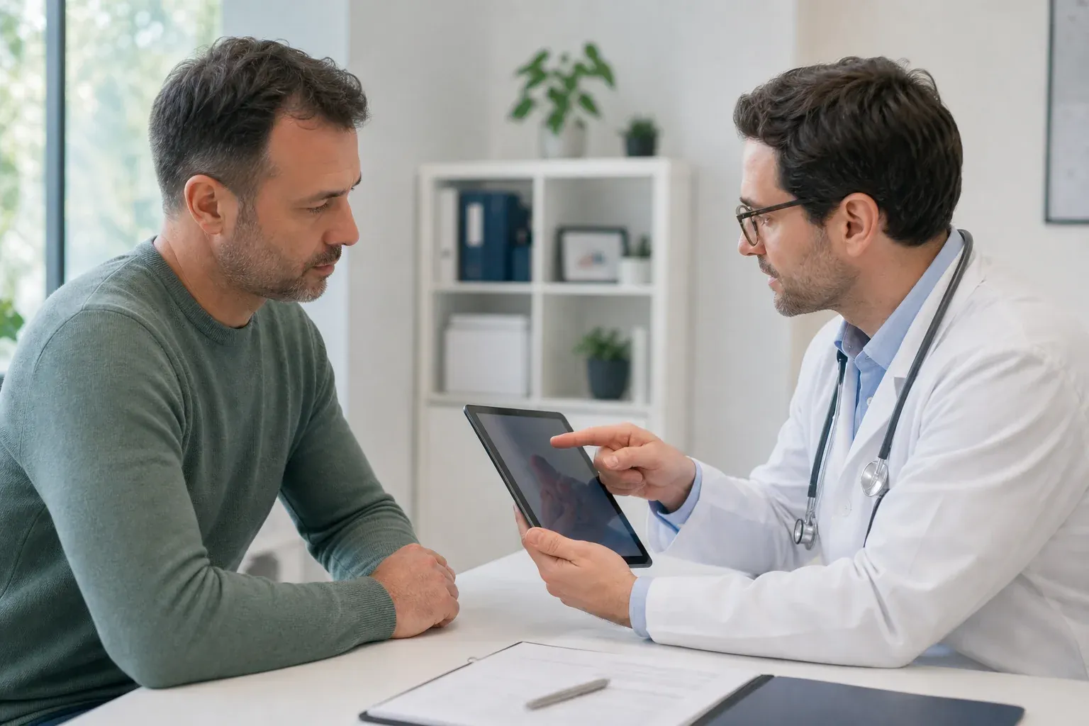 Male patient reviewing testosterone therapy results with a clinician in a professional modern medical consultation