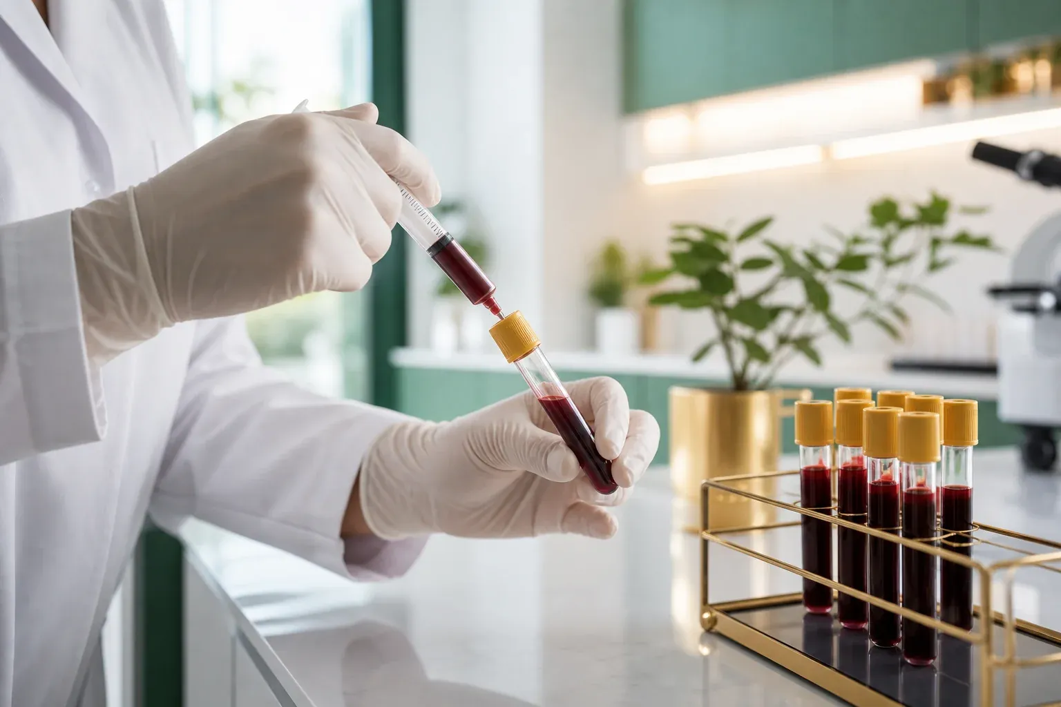 Gloved hands drawing blood vials to test thyroid and hormone levels