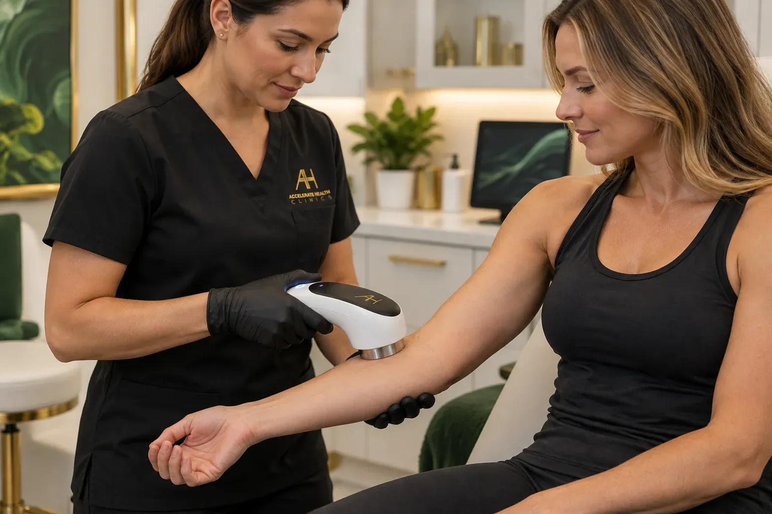 Clinician using a body composition device to check a patient's muscle mass during weight loss treatment