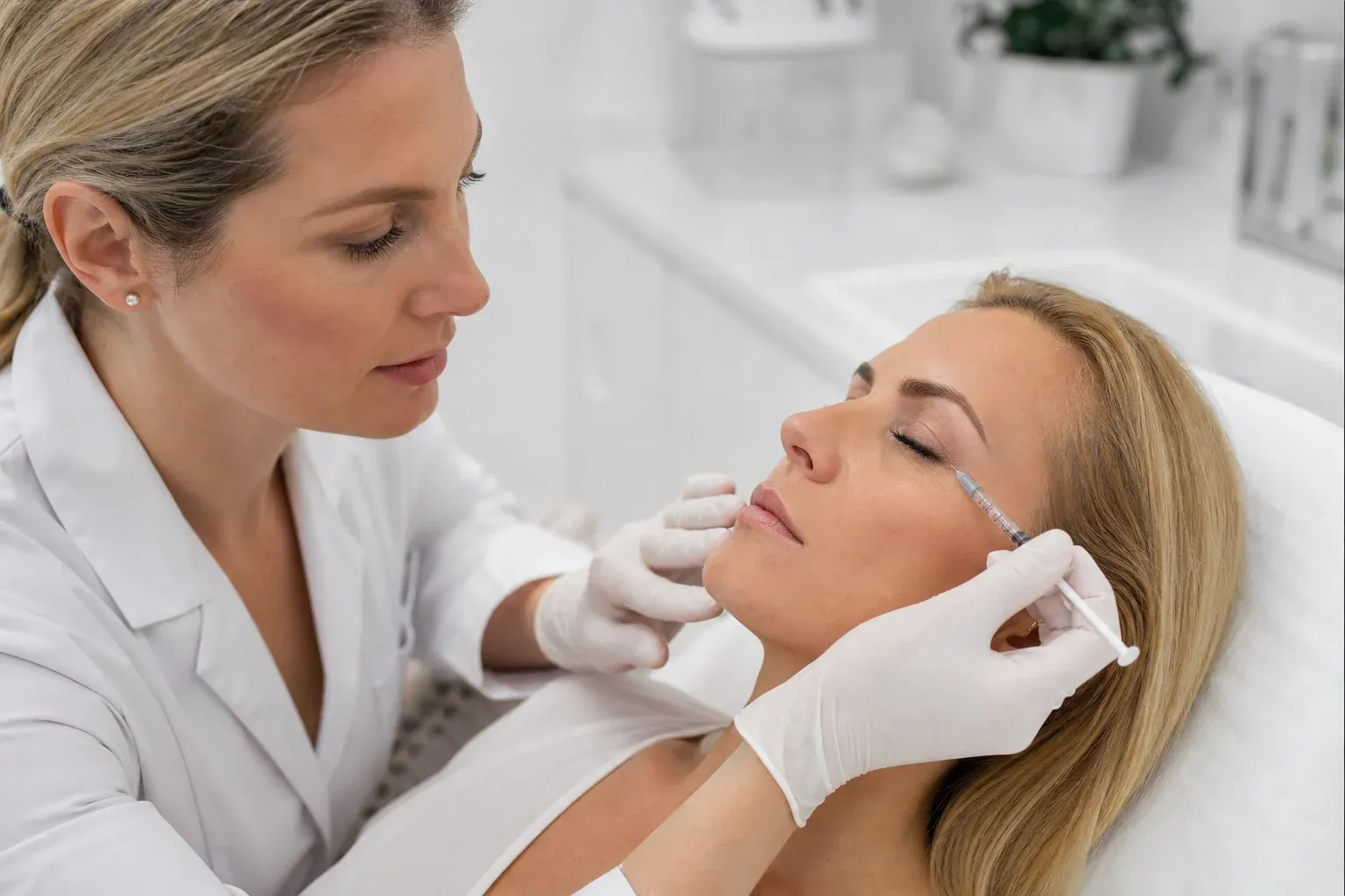 A licensed medical aesthetics provider administering a precise injection to smooth frown lines and crow feet in a clean, modern clinical treatment room with bright studio lighting