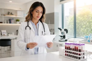 Medical professional reviewing specialty lab testing results for hormones in a modern clinical setting