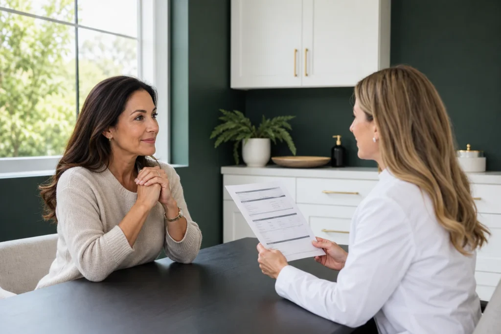 Medical provider discussing weight loss and hormone optimization results with a patient in a modern clinic