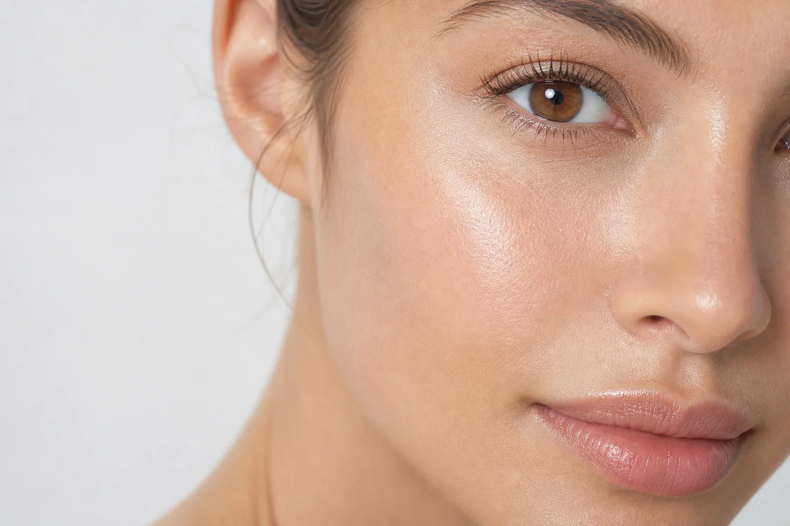 Close-up of a woman's glowing, rejuvenated skin in a clean modern medical aesthetic clinic, soft diffused lighting highlighting healthy skin texture and luminosity