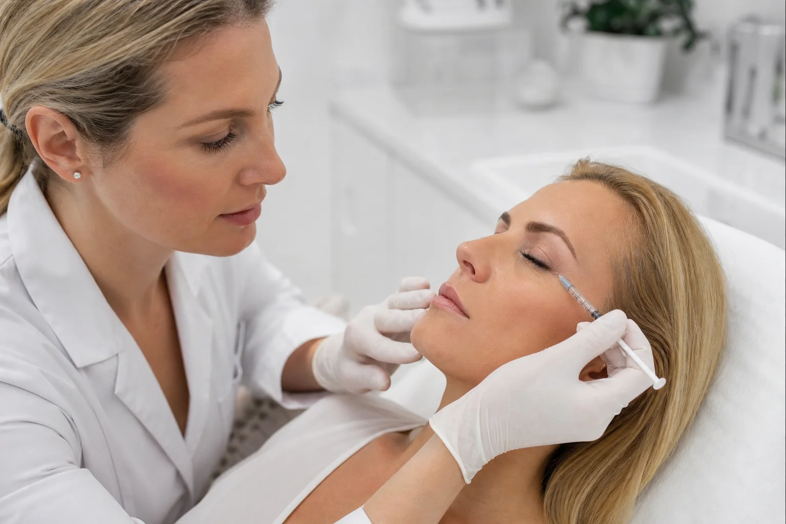 A licensed medical aesthetics provider administering a precise injection to smooth frown lines and crow feet in a clean, modern clinical treatment room with bright studio lighting