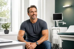 Confident middle-aged man experiencing testosterone therapy benefits including restored energy and vitality in a modern medical clinic